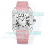 Swiss Replica Cartier Santos 100 Watch Diamond Set 35.6mm Pink Leather Strap 